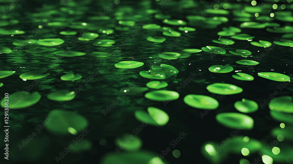 Poster tranquil background of floating deep green water lily leaves for nature design