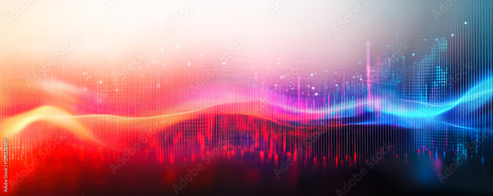 Poster dynamic abstract visualization of data flow with colorful waves and digital point graphs representin