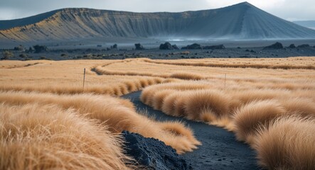 Obraz premium Volcanic Landscape Path Through Golden Field.