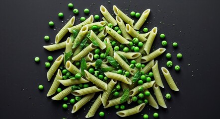 Green penne pasta with sugar snap peas on black background overhead view with space for text for culinary or recipe presentations