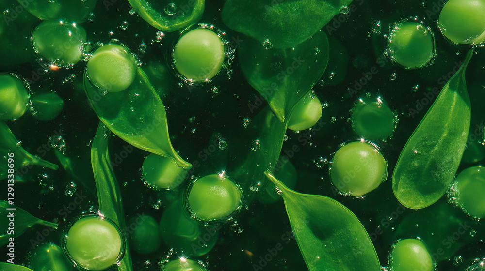 Poster fresh green peas and pods floating in vibrant background for natural design