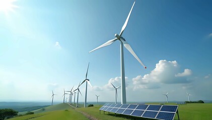Potrait of wind turbines and solar panels generating clean energy on green field, wind turbines in the field, environment, wind turbines in nature