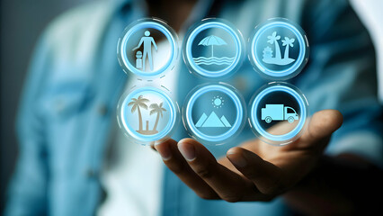 Explore Creative Family Trip Ideas: Holographic Icons Showcased by Hand on Empty Space Background