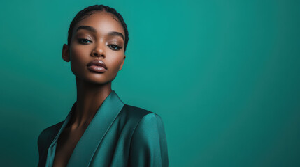 High-fashion model in bold corporate styling against indigo backdrop