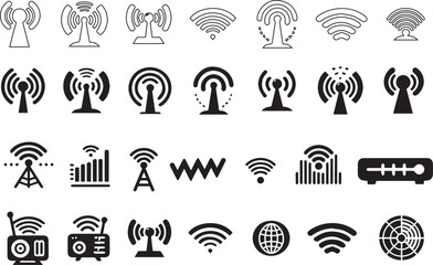 Wireless signal icons set includes wifi, antenna, radio, sound waves, perfect for tech design, communication network, audio visual vector illustration.
