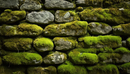 Weathered stone wall with moss growing in cracks, realistic natural texture