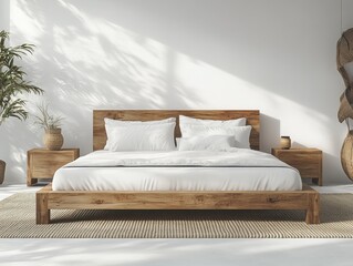 Contemporary bed featuring a soft white comforter accompanied by a vibrant green plant, enhancing a peaceful bedroom vibe
