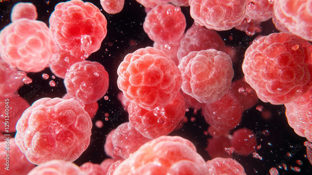 Poster vibrant background of floating raspberries for food and beverage design