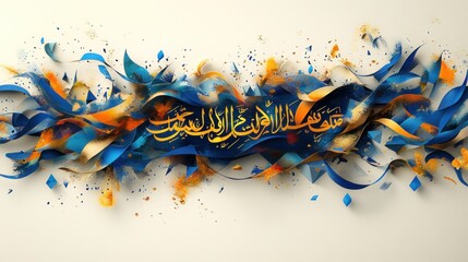 Arabic calligraphy art, abstract design, blue orange splash, white background, festive banner