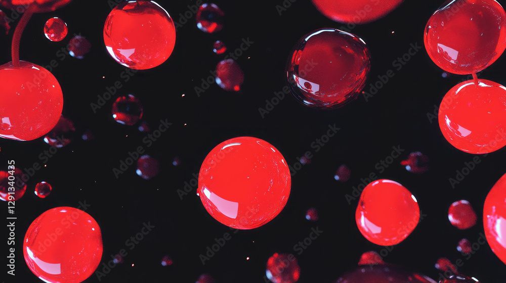 Aufkleber Floating red cherries with subtle reflections on a dark background for visual design