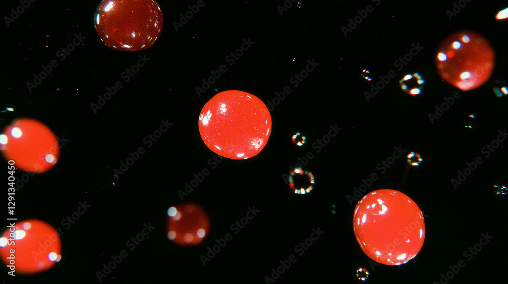 Aufkleber Vivid floating red cherries with subtle reflection on dark background