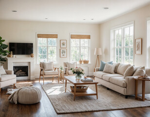 Modern  minimal interior living room with white sofa and wooden floor white wall