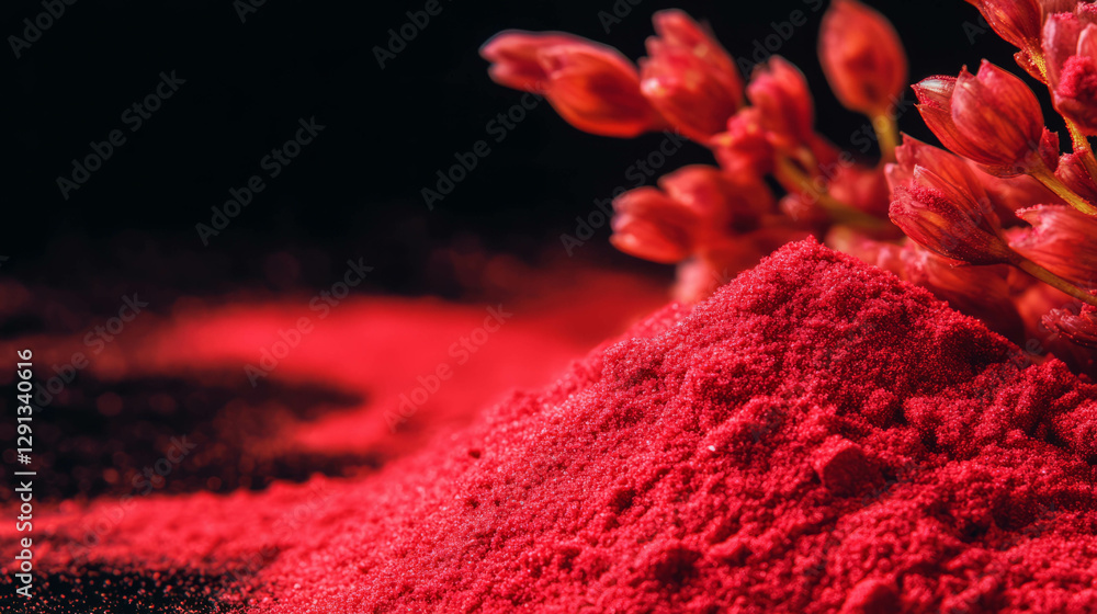 Aufkleber vibrant red sumac spice with floating powder and close-up background