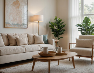 Modern  minimal interior living room with white sofa and wooden floor white wall