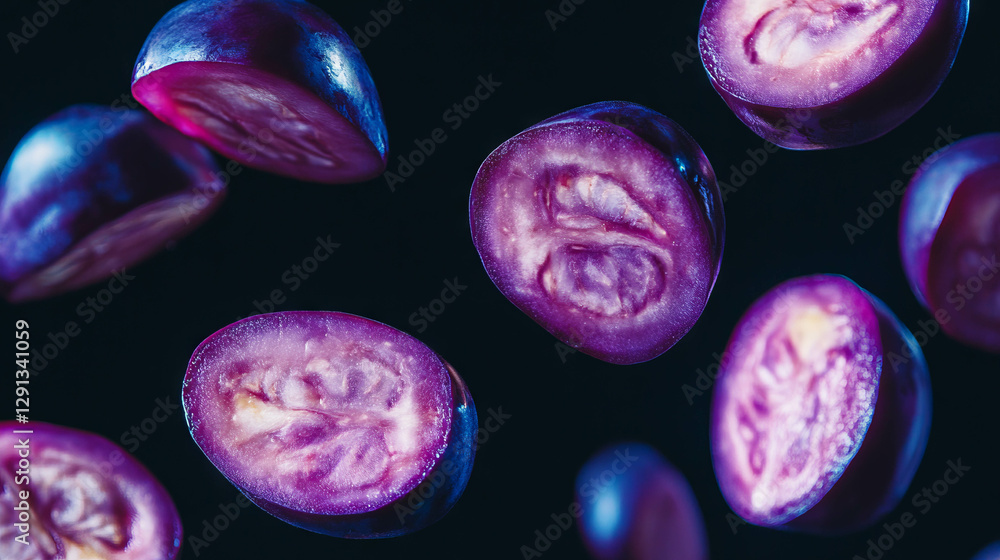 Poster Dynamic background of floating sliced eggplants on dark surface for creative design