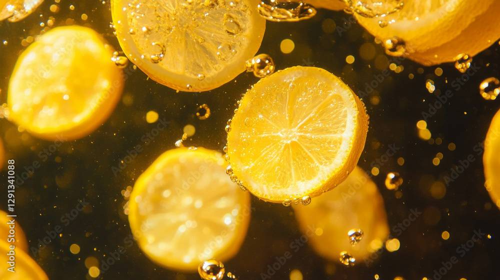 Poster Vibrant background of floating sliced lemons with yellow bokeh effects