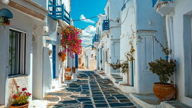 Explore the charming streets of the Greek village in Paros island, Mediterranean sunshine brightening serene walkways, Aesthetic greek village of Paros island in Mediterranean sea Travel to Greece