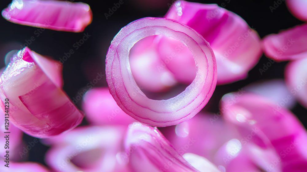 Aufkleber floating sliced red onions on dark background for culinary design