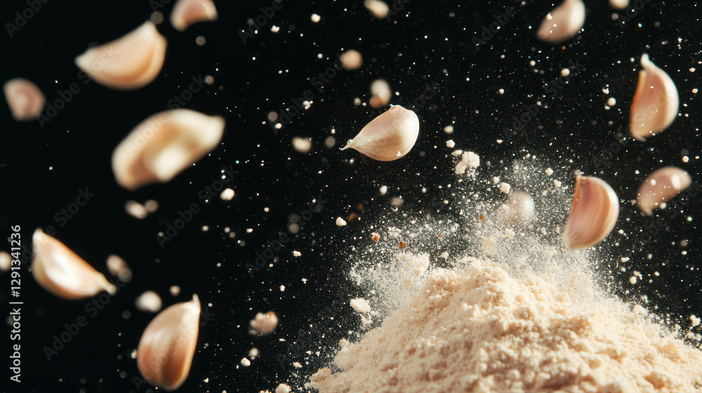 Poster abstract garlic powder explosion with floating cloves for culinary design