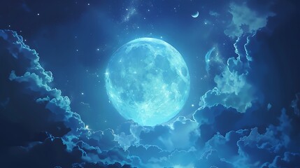 Beautiful Blue Skies with Nature, Bright Moon ,Cloud ,Beach scenery, Tree, night -Anime concept Background