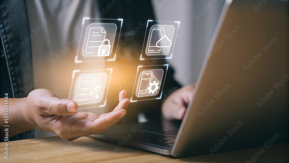 Poster enhancing digital literacy training: a hand operating a holographic device in a minimalist space for