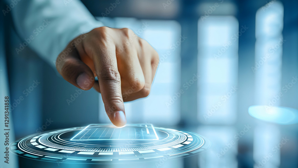 Poster enhancing digital literacy training: a hand operating a holographic device in a minimalist space for