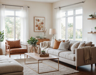 Fototapeta premium Modern minimal interior living room with white sofa and wooden floor white wall