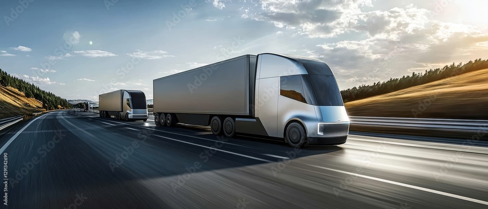 Poster autonomous trucks boost logistics efficiency by optimizing travel routes on highways and navigating 