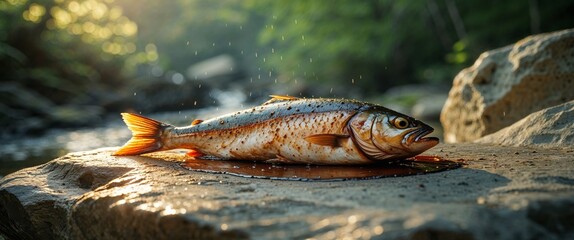 Grilling fish on a natural rock in nature