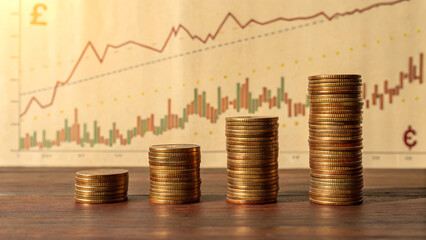 Businessman stacking coins with financial graph, Investment and asset management yield, Stack of coins with a growing financial graph, Numeric data