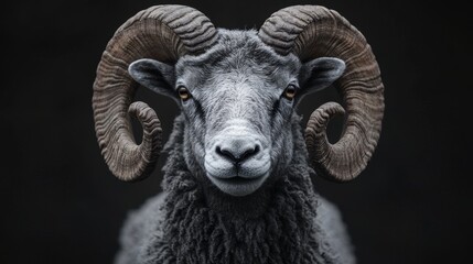 A majestic ram with impressive curled horns and a spirited expression, showcasing a striking presence against a dark backdrop
