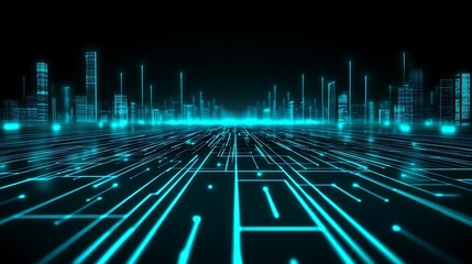 A Futuristic City Illuminated By Glowing Cyan Digital Networks