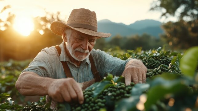An elderly man carefully picks coffee beans in a lush field during sunset, showcasing the beauty of agricultural life and dedication to farming traditions.