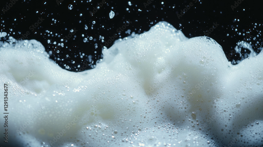 Poster dynamic foamy texture with bubbles against dark background for creative design
