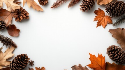 An overhead view of pinecones and vibrant leaves creating a cozy fall atmosphere, complemented by a soft white background inviting warmth and reflection.