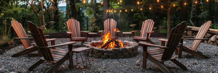 DIY backyard fire pit surrounded by Adirondack chairs, creating a cozy evening gathering spot with a rustic charm