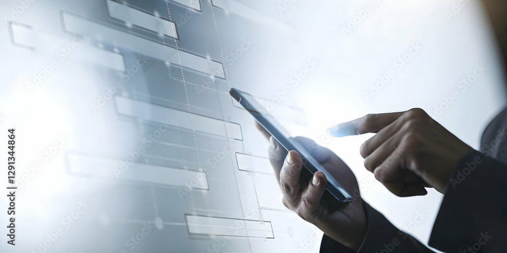 Poster hand using holographic device to illustrate tax refund process with empty space background concept a