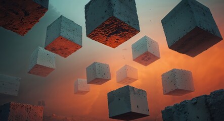 Floating concrete cubes are illuminated with orange light below