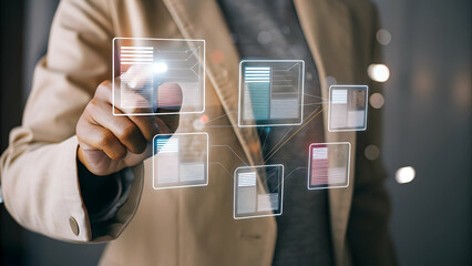 A Hand Interacting with a Holographic Device for Tax Audit Preparation: Emphasizing Documentation and Readiness in a Minimalist Photo Stock Concept with Empty Space