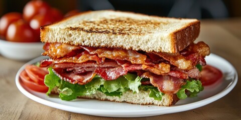 Classic BLT Sandwich with Crispy Bacon and Romaine Lettuce on a white plate