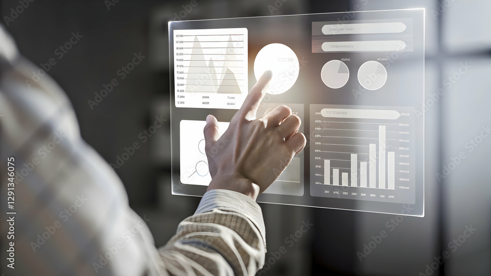 Poster hand using holographic interface for investment cryptocurrency guide in empty space concept as a han