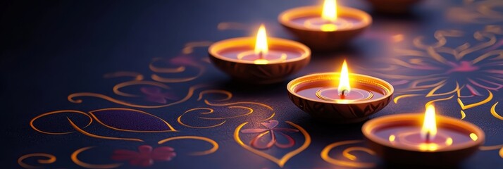 Fototapeta premium 3d background minimalistic mockup with space for text, tiny diya candles illuminating a festive rangoli pattern