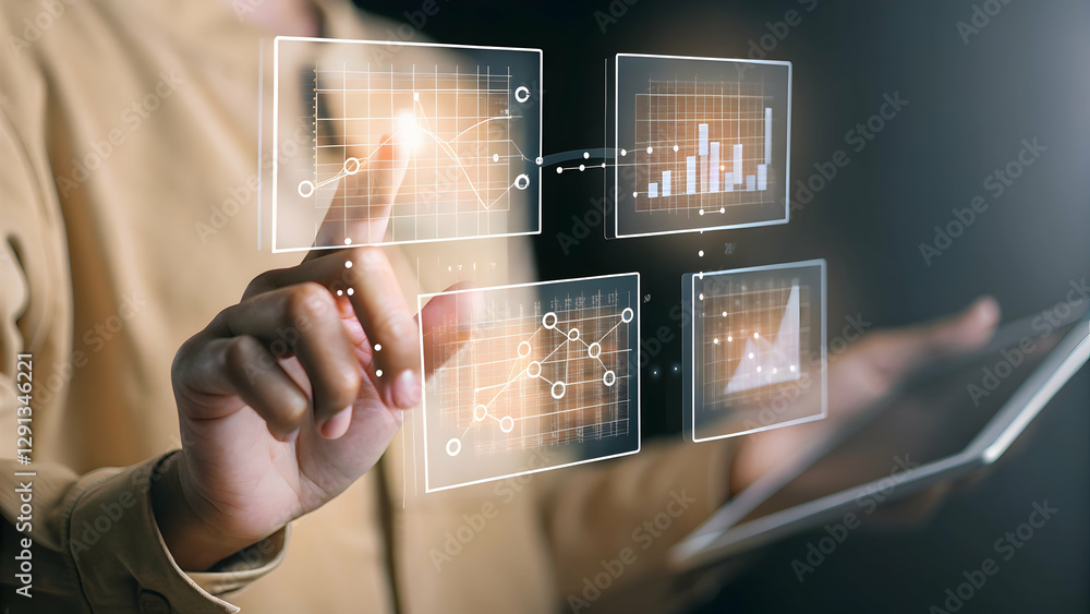 Poster hand using holographic interface for investment cryptocurrency guide in empty space concept as a han