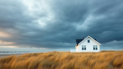 A solitary white house stands amidst tall grass on a windswept beach under dramatic cloudy skies, invoking feelings of solitude and nature's beauty in a coastal setting.