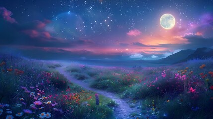 Fototapeta premium Beautiful Blue Skies with Nature, Bright Moon ,Cloud ,Beach scenery, Tree, night -Anime concept Background