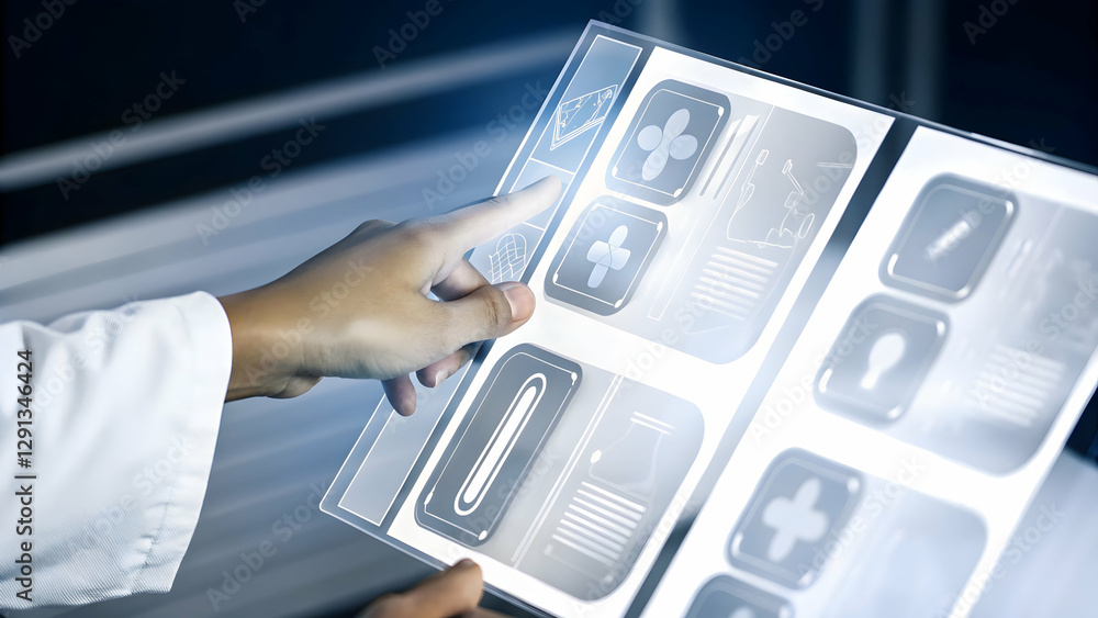 Poster explore wellness supplements: a hand operating a holographic interface in a minimalist space - your 