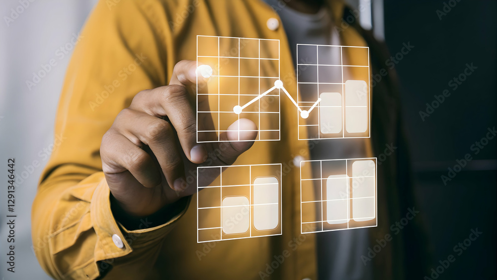 Poster a hand operating a holographic investment property calculator: visualizing real estate investment ca