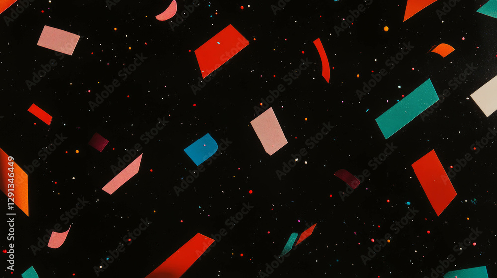 Poster dynamic background of colorful geometric shapes and confetti on black canvas for modern design