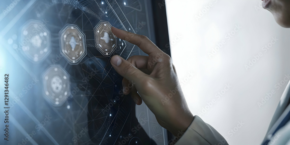 Poster explore wellness supplements: a hand operating a holographic interface to discover health supplement