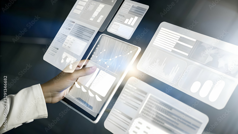 Poster a hand navigating holographic stock market interface in empty space